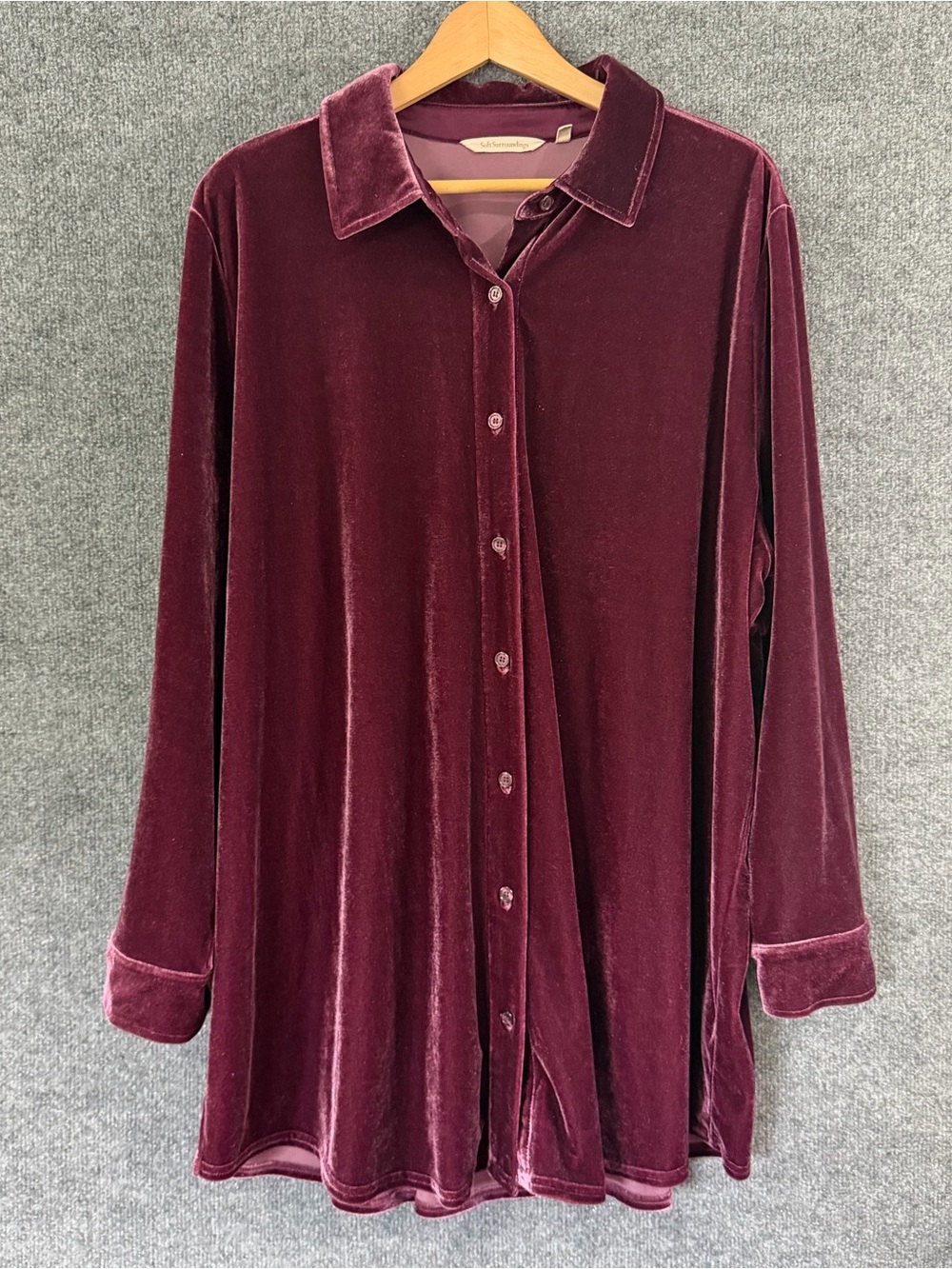 Soft Surroundings Womens 3X Tunic Velvet Burgundy Plum Button Front Long Sleeve